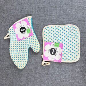Magla Vintage Oven Mitt Pot Holder Set Blue Polka Dot No 1240 1220 New W Tags